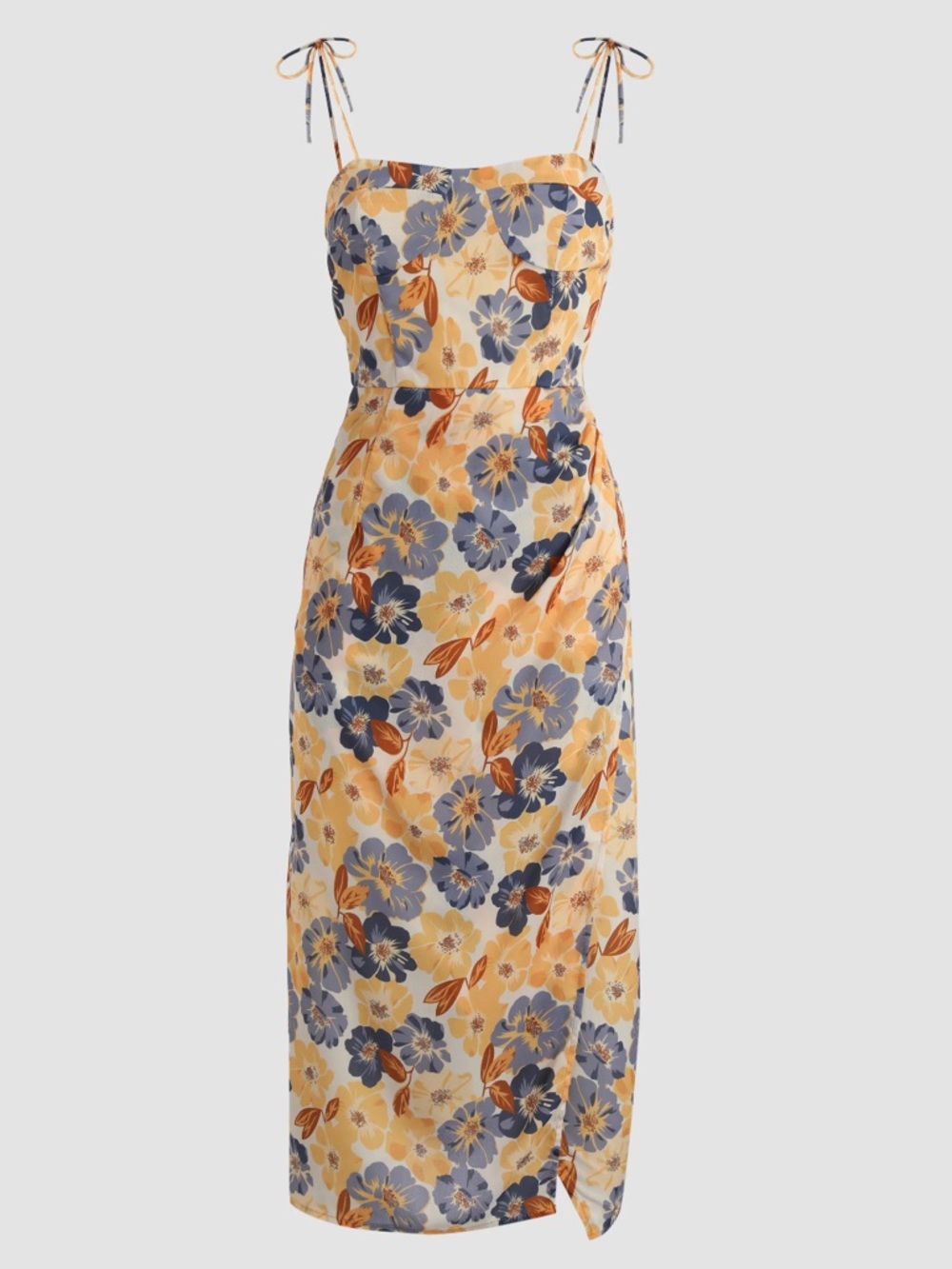 Cider Yellow Floral Tie-Shoulder Midi Dress with Blue Accents